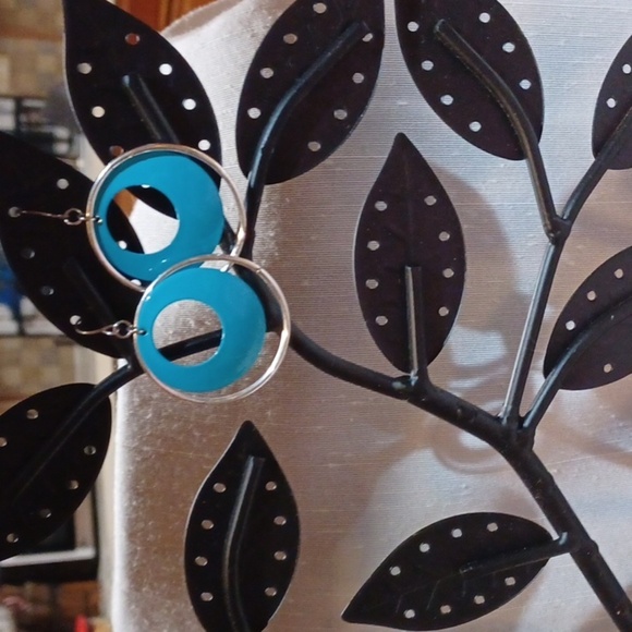 Silver & Blue 70s Vintage Large Hoop Earrings - Picture 3 of 4